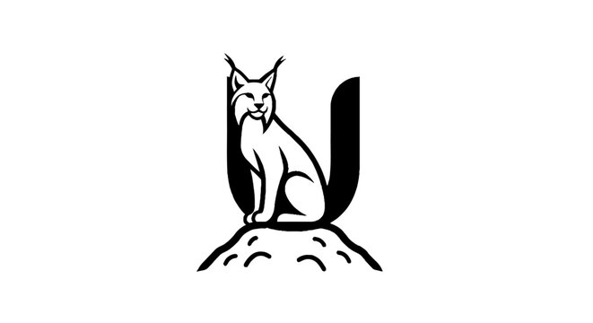 Black and white lynx sitting on rock illustration.