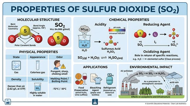 Comprehensive infographic on properties of sulfur dioxide (SO₂) combining molecular structure, physical data, acidity in aqueous solution, redox behavior as reducing or oxidizing agent, common industr