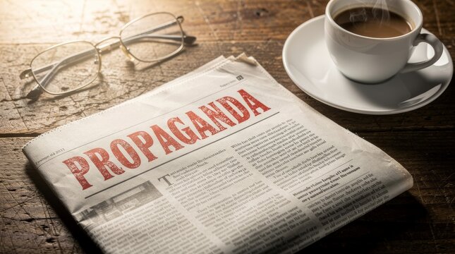 Propaganda Newspaper Headline with Coffee and Glasses
