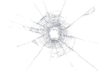 Radial impact damage on shattered glass with central hole, realistic broken screen crack effect isolated on transparent background for photo editing, poster design, action scene or graphic resource. © The Stock King