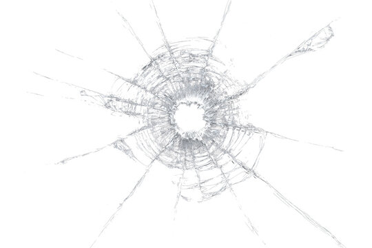 Radial impact damage on shattered glass with central hole, realistic broken screen crack effect isolated on transparent background for photo editing, poster design, action scene or graphic resource.