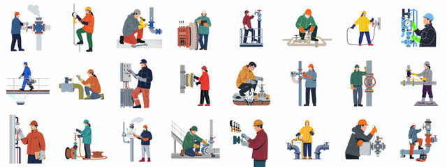 Fototapeta premium Comprehensive set of flat vector illustrations featuring diverse industrial workers, technicians, and engineers performing maintenance, inspections, and operations in a plant environment.