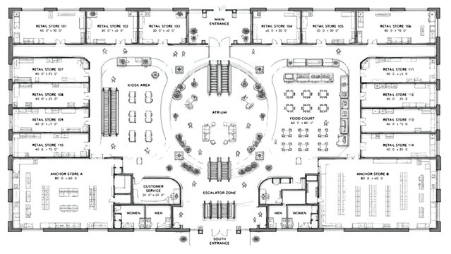 Architectural floor plan of a commercial shopping mall, detailed retail store layout blueprint, black and white technical building schematic