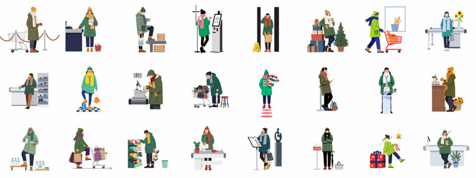 A large collection of diverse people in winter clothing engaged in various shopping activities, grocery store checkouts, and holiday gift-giving scenes.