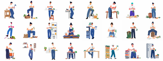 Fototapeta premium Large collection of flat vector characters in various poses peeling and preparing fresh carrots in different kitchen and garden environments.