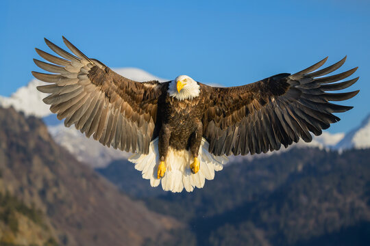 Adult Bald Eagle Soaring Above Kenai Mountains, Cook Inlet, Alas