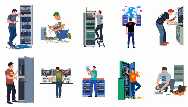 Set of flat vector illustrations of IT technicians and network engineers working in a data center with server racks and cables.