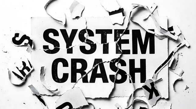 System crash text written on a broken wall with scattered letters and dark debris pieces