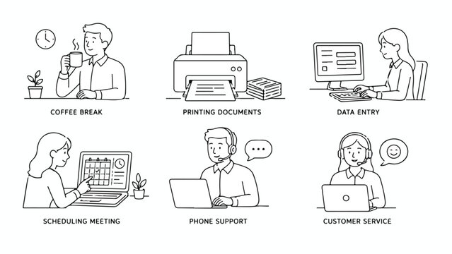 Minimalist office work line art icons, set of 6 business employee characters, professional workplace scenes for data entry and customer service