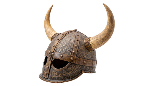 Ancient textured metal viking warrior helmet with long curved horns isolated on transparent background cut out