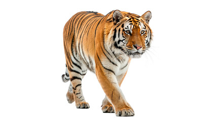 Fototapeta premium Magnificent adult bengal tiger walking forward proudly isolated on transparent background cut out