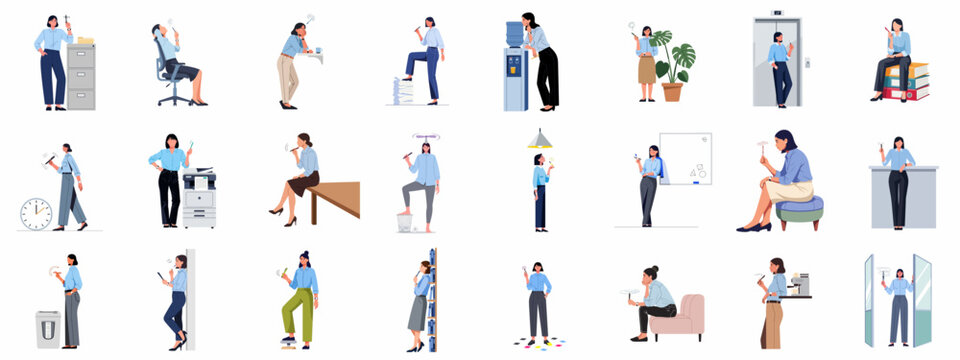 Set of Illustrations Depicting Bored and Procrastinating Office Workers in Various Workplace Scenarios