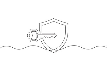 Obraz premium Key with shield protection one line art minimalist safety data security symbol vector illustration