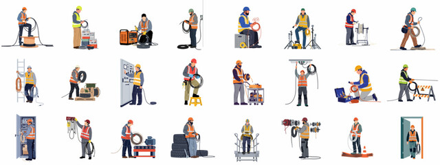 Fototapeta premium Set of flat illustrations featuring professional electricians and electrical technicians working with cables, wires, and equipment in various industrial and construction settings.
