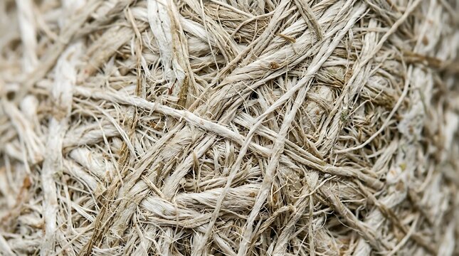 Macro closeup of a ball of natural jute twine or rough hemp rope, showing the intricate texture of the intertwined fibrous strands and organic material