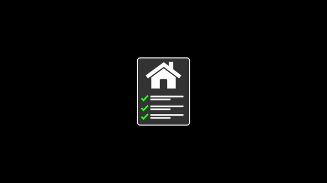 Animated Real Estate Checklist Icon with House Symbol and Green Checkmarks on Black Background for Property Inspection and Home Management Concepts, with video animation.