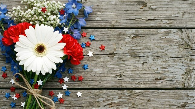 Patriotic bouquet of red carnations, white gerbera daisy and blue delphinium flowers with star confetti on rustic wooden background