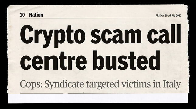 Newspaper clipping, crypto scam, call centre bust, Italian police