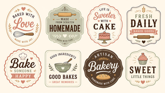 Collection of vintage baking labels and stickers for homemade goods  sweet treats  bakery products transparent background