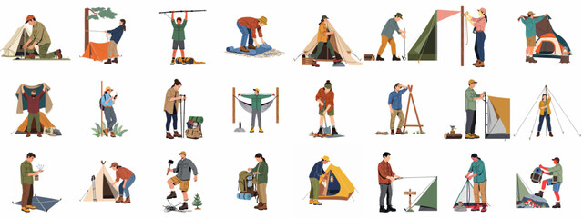 Fototapeta premium Set of flat vector illustrations featuring people preparing for a camping trip, pitching tents, and organizing outdoor gear in a natural environment.