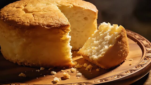 Freshly Baked Homemade Sponge Cake with a Slice Cut on a Wooden Plate