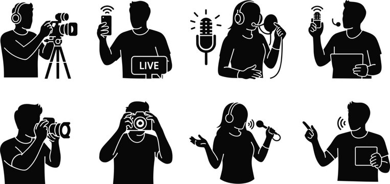 Black Silhouettes of Media Professionals with Cameras Microphones and Phones Keywords: media silhouette, journalist silhouette, cameraman silhouette, photographer