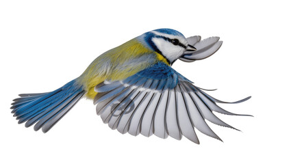 Blue tit bird in flight with wings spread, isolated on transparent background © Piotr