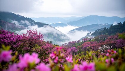 Fototapeta premium Vibrant alpine meadow with blooming wildflowers and misty mountains.