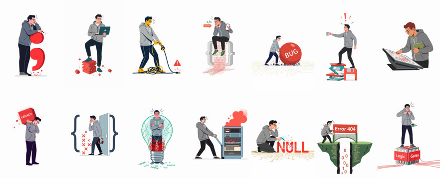 Set of developer character illustrations showing software engineering problems, coding bugs, legacy systems, server errors, and programming logic challenges.
