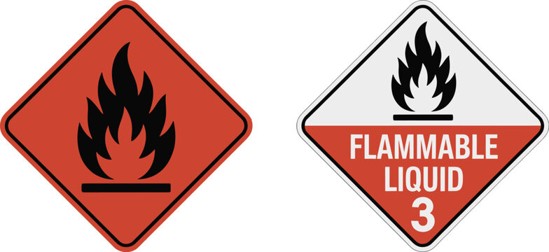 Flammable liquid sign, hazard warning sticker with safety symbol on white background for chemical storage transport and industrial safety applications.