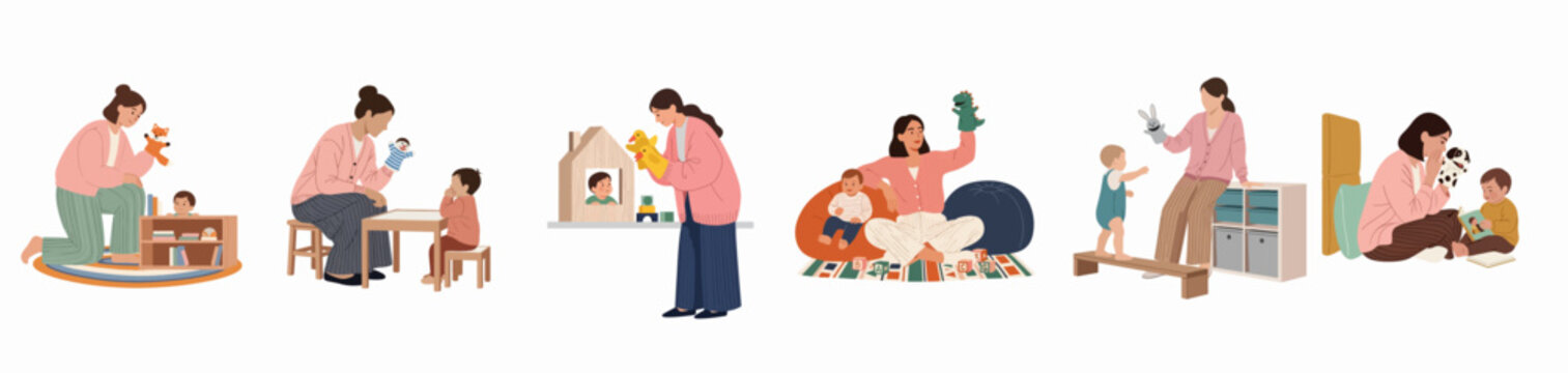 Set of flat vector illustrations featuring mothers and young children playing with various hand puppets in domestic settings.