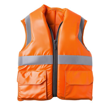 Orange safety work vest with reflective stripes and pockets isolated on transparent background PNG element
