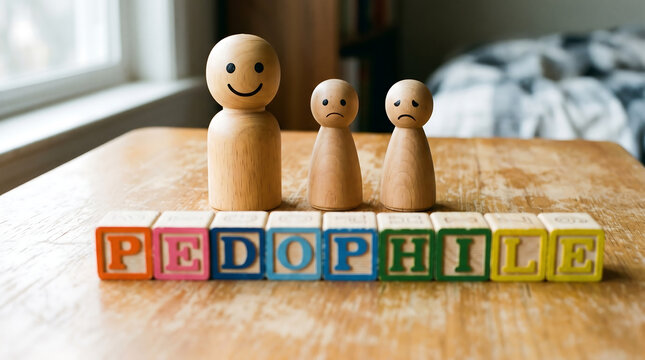Sensitive, awareness, social issue, child safety concept, wooden figures, colorful blocks