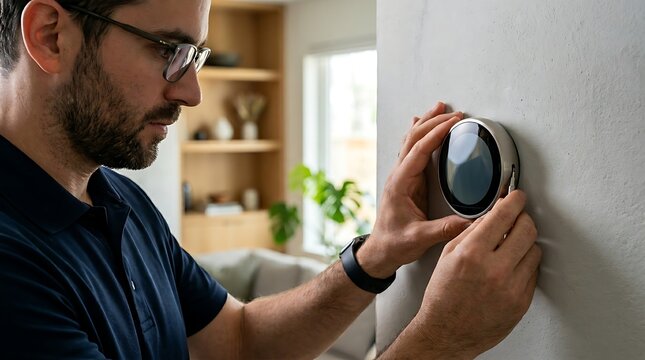 Man installing or adjusting a modern smart thermostat on a wall in a home.