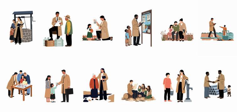 Collection of humanitarian aid illustrations depicting workers collaborating with rural communities on water, irrigation, education, and social welfare projects for global development.