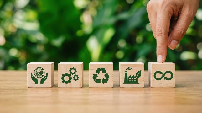 A hand places a wooden cube featuring a circular arrow infinity icon to symbolize circular economy.
