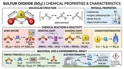 Naklejka premium Sulfur dioxide (SO₂) chemical properties and characteristics infographic explaining molecular and Lewis structures, acidic nature, key reactions as reducing agent and in combustion, industrial uses, c