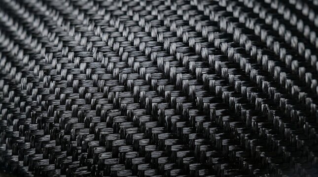 Close-up view of a black woven carbon fiber texture showing its intricate pattern and material structure.