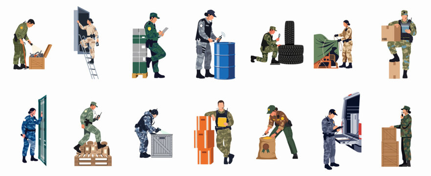 Flat vector set of customs and border patrol officers in various uniforms inspecting cargo shipments, boxes, and containers for illegal goods.