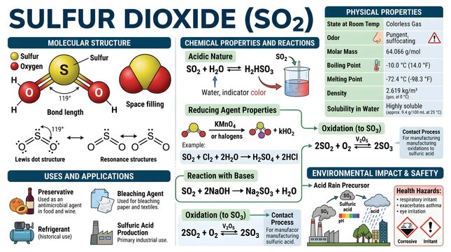 Educational chart on sulfur dioxide (SO₂) summarizing molecular structure, acidic and reducing properties, reactions with water, bases and oxidants, physical properties, industrial and laboratory appl