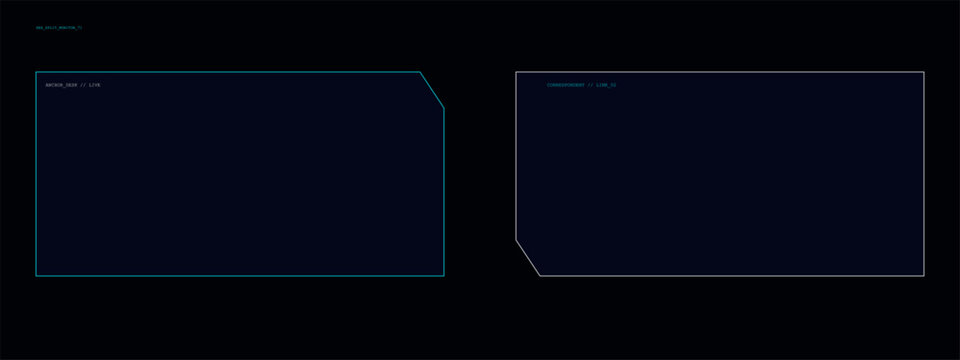News anchor desk and correspondent split screen monitor layout for live report.