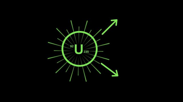 Nuclear Fission Animation, Uranium-235 Atom Splitting by Neutron Collision, Minimalist Green Line Physics Diagram Motion Graphic