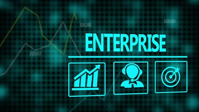 A Enterprise business concept on a flashing computer monitor with moving graphs and data.