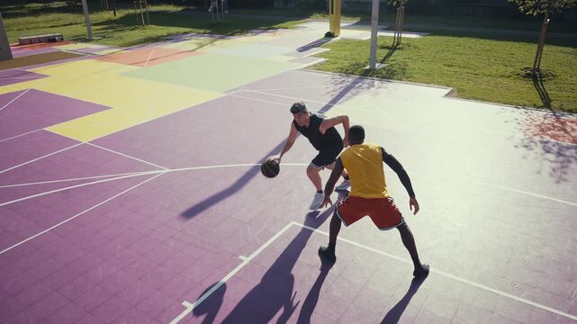 Two diverse men are intensely playing basketball on a vibrant purple outdoor court, with one player dunking the ball into the hoop while the other defends