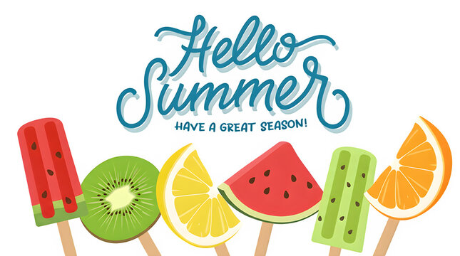 Hello summer seasonal greeting with variety of refreshing fruit popsicles including watermelon kiwi and orange slices summer time popsicle watermelon refreshing greeting seasonal vacation