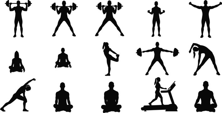 Silhouettes of People Exercising and Practicing Yoga on White Background Keywords: fitness silhouette, exercise silhouette, yoga silhouette, workout silhouette, gym