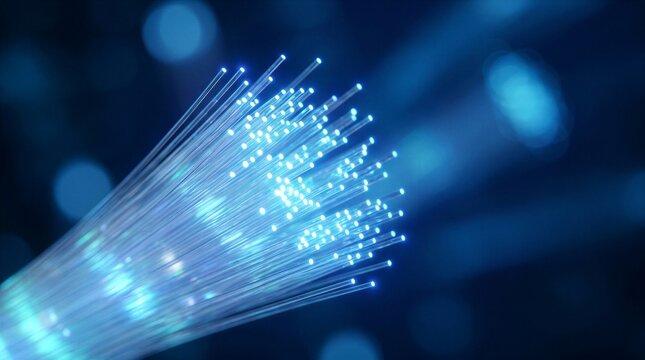 Glowing blue light transmits through fiber optic cables in this digital representation of high speed telecommunications and global network connectivity.