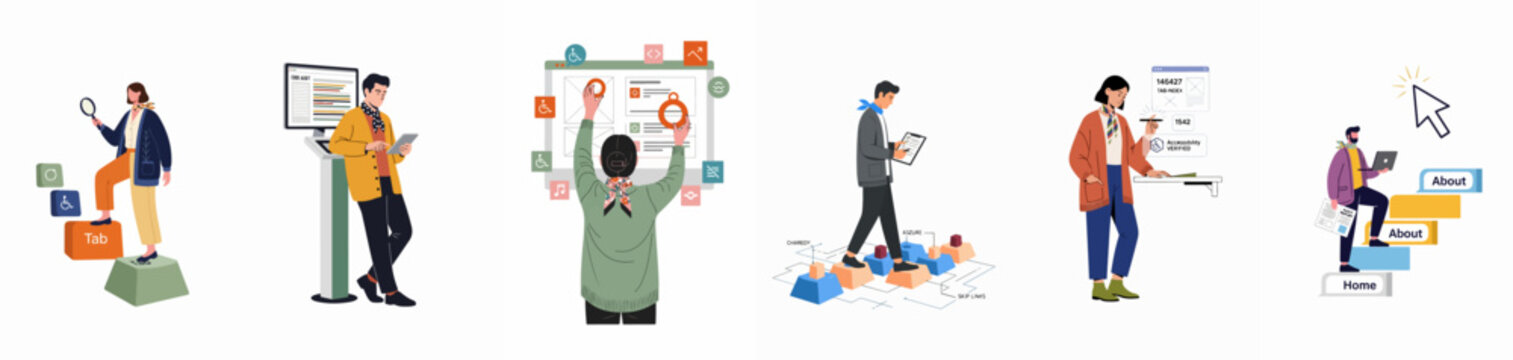A series of illustrations showcasing web accessibility audits, inclusive UI/UX design, coding for accessibility, and digital navigation by diverse professionals.