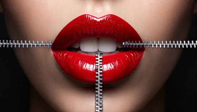Woman Lips Red Lipstick Zipper