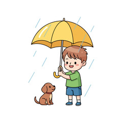 A boy with holding a large yellow umbrella over a small sitting puppy. Flat vector mascot design